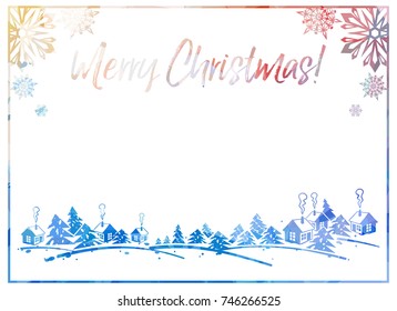 Sparkling silhouette frame with winter village and greeting text "Merry Christmas!". Forest, snowflakes. Vector clip art.