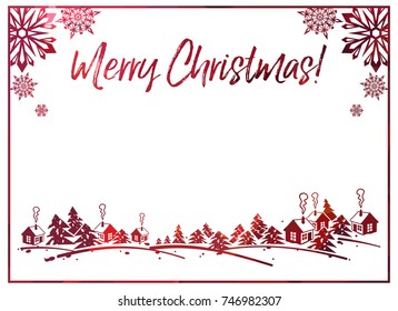 Sparkling silhouette frame with winter village and greeting text "Merry Christmas!". Forest, snowflakes. Vector clip art.