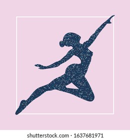 Sparkling silhouette of a graceful soaring girl in a white square frame. Baby pink background. Shiny icon.