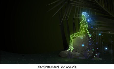 Sparkling silhouette of a green female fairy creature in a dark forest