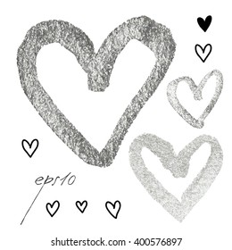 Sparkling silver acrylic stain. Vector metallic paint blob banner. Glamour heart illustraion. Hand drawn. Silver watercolor heart vector.