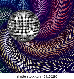 sparkling silver disco ball on spectrum spiral background