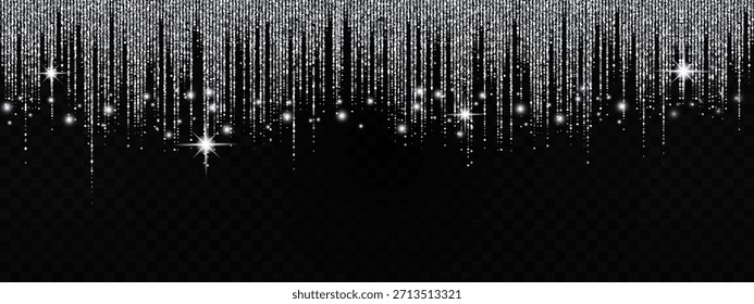 funkelnder silberner Glitzerhintergrund mit schimmerndem Vorhangeffekt, weißen Sternen und Glitzerkonfetti, die magische Lichtstaubatmosphäre für festliche Designs schaffen