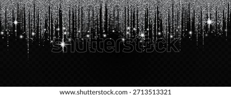 Sparkling silver glitter background with shimmering curtain effect, white stars, and glitter confetti creating magical light dust atmosphere for festive designs
