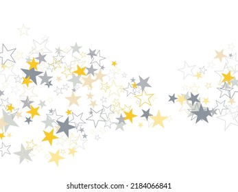 Sparkling Silver And Gold Stars Corners Background, Golden Christmas Lights Confetti Falling. Star Trail Shape. Glitter Elegant Design Elements.