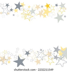 sparkling silver and gold stars corners background, golden christmas lights confetti falling. de-focused