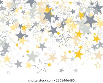 sparkling silver and gold stars corners background, golden christmas lights confetti falling. magic shining Flying stars on night sky glitter cosmic backdrop, sparkle vector border.