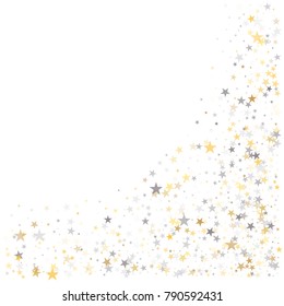 sparkling silver and gold stars corners background, golden christmas lights confetti falling. magic shining Flying stars on night sky glitter cosmic backdrop, sparkle vector border. 