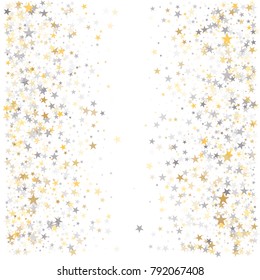 sparkling silver and gold stars frame background, golden christmas lights confetti falling. magic shining Flying stars on night sky glitter cosmic backdrop, sparkle vector border. 