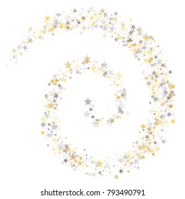 sparkling silver and gold stars spiral background, golden christmas lights confetti falling swirl. magic shining Flying stars on night sky glitter cosmic backdrop, sparkle vector border.