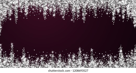 Sparkling silver luxury sparkling confetti. Scattered small gold particles on red maroon background. Alive festive overlay template. Perfect vector illustration.