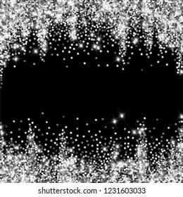 Sparkling silver luxury sparkling confetti. Scattered small gold particles on black background. Adorable festive overlay template. Emotional vector illustration.