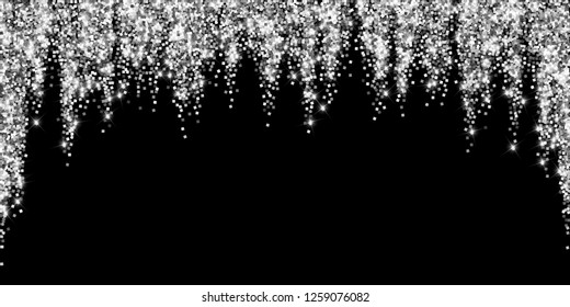 Sparkling silver luxury sparkling confetti. Scattered small particles on black background.