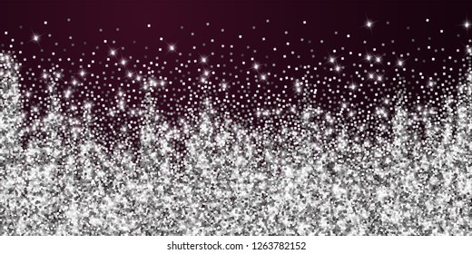 Sparkling silver luxury sparkling confetti. Scattered small gold particles on red maroon background. Alive festive overlay template. Nice vector illustration.