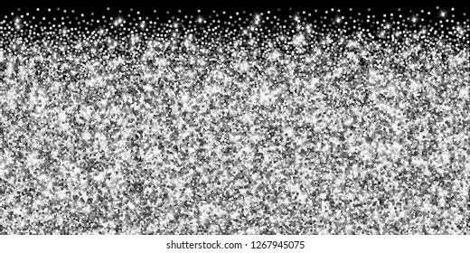 Sparkling silver luxury sparkling confetti. Scattered small gold particles on black background. Alluring festive overlay template. Elegant vector illustration.