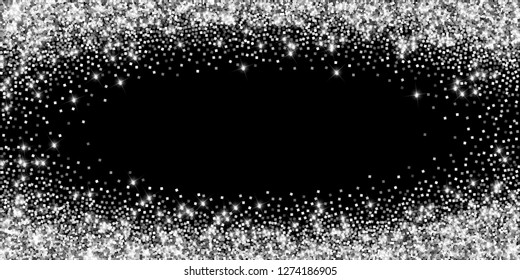 Sparkling silver luxury sparkling confetti. Scattered small gold particles on black background. Alluring festive overlay template. Lively vector illustration.