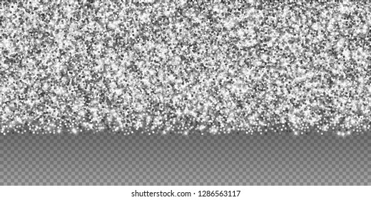 Sparkling silver luxury sparkling confetti. Scattered small gold particles on trasparent background. Alluring festive overlay template. Artistic vector illustration.