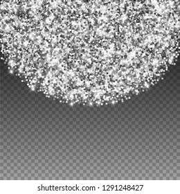 Sparkling silver luxury sparkling confetti. Scattered small gold particles on trasparent background. Adorable festive overlay template. Positive vector illustration.