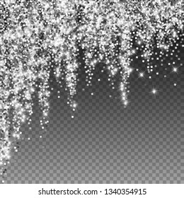 Sparkling silver luxury sparkling confetti. Scattered small gold particles on trasparent background. Adorable festive overlay template. Extraordinary vector illustration.