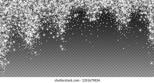 Sparkling silver luxury sparkling confetti. Scattered small gold particles on trasparent background. Alive festive overlay template. Terrific vector illustration.
