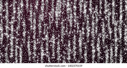 Sparkling silver luxury sparkling confetti. Scattered small gold particles on red maroon background. Alive festive overlay template. Stunning vector illustration.