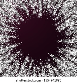 Sparkling silver luxury sparkling confetti. Scattered small gold particles on red maroon background. Adorable festive overlay template. Sightly vector illustration.