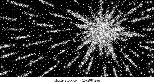 Sparkling silver luxury sparkling confetti. Scattered small gold particles on black background. Alive festive overlay template. Dramatic vector illustration.