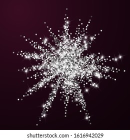 Sparkling silver luxury sparkling confetti. Scattered small gold particles on red maroon background. Adorable festive overlay template. Astonishing vector illustration.