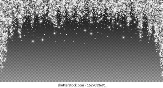 Sparkling silver luxury sparkling confetti. Scattered small gold particles on trasparent background. Alive festive overlay template. Lively vector illustration.