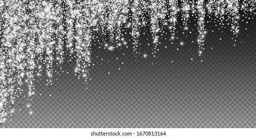 Sparkling silver luxury sparkling confetti. Scattered small gold particles on trasparent background. Alive festive overlay template. Precious vector illustration.