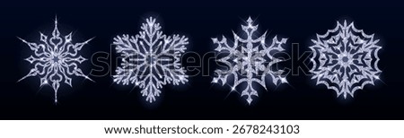 Sparkling silver snowflakes set isolated on black background. Vector realistic illustration of luxury snow stars shimmering with crystals, ice decoration for Christmas greeting card or holiday gift