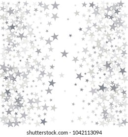 sparkling silver stars background, christmas light confetti vector. magic shining Flying stars on night sky glitter cosmic backdrop, falling sparkle, tinsel border. 