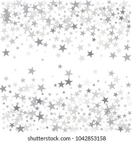 sparkling silver stars background, christmas light confetti vector. magic shining Flying stars on night sky glitter cosmic backdrop, falling sparkle, tinsel border. 