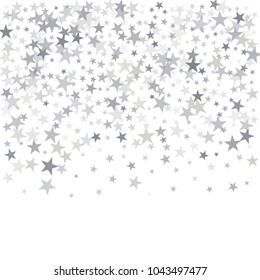 sparkling silver stars background, christmas light confetti vector. magic shining Flying stars on night sky glitter cosmic backdrop, falling sparkle, tinsel border. 