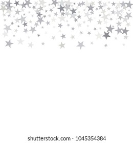 sparkling silver stars background, christmas light confetti vector. magic shining Flying stars on night sky glitter cosmic backdrop, falling sparkle, tinsel border. 
