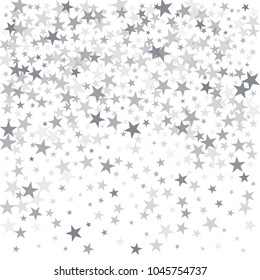 sparkling silver stars background, christmas light confetti vector. magic shining Flying stars on night sky glitter cosmic backdrop, falling sparkle, tinsel border. 