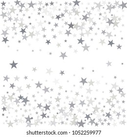 sparkling silver stars background, christmas light confetti vector. magic shining Flying stars on night sky glitter cosmic backdrop, falling sparkle, tinsel border. 