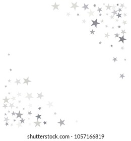 sparkling silver stars background, christmas light confetti vector. magic shining Flying stars on night sky glitter cosmic backdrop, falling sparkle, tinsel border. 