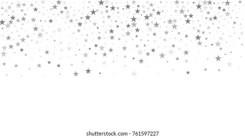 sparkling silver stars background, christmas light confetti falling. magic shining Flying stars on night sky glitter cosmic backdrop, sparkle vector border. 