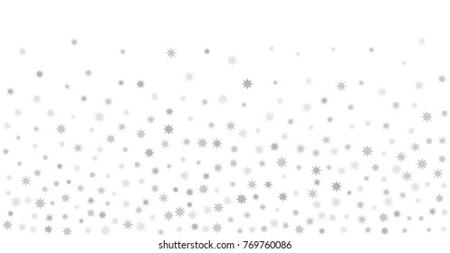 sparkling silver stars background, christmas light grey confetti falling. magic shining stars, glitter backdrop, sparkle vector border. 