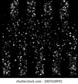 sparkling silver stars background on black, golden christmas lights confetti falling frame. magic shining Flying stars on night sky glitter cosmic backdrop, sparkle vector border.