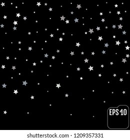 sparkling silver stars background on black, golden christmas lights confetti falling frame. magic shining Flying stars on night sky glitter cosmic backdrop, sparkle vector border.