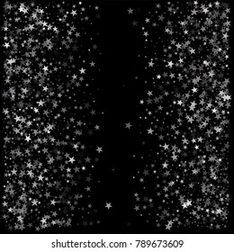 sparkling silver stars background on black, golden christmas lights confetti falling frame. magic shining Flying stars on night sky glitter cosmic backdrop, sparkle vector border. 