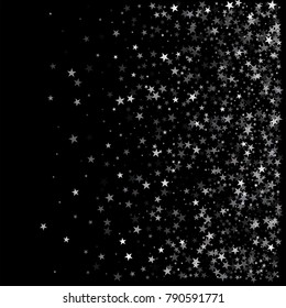 sparkling silver stars background on black, golden christmas lights confetti falling frame. magic shining Flying stars on night sky glitter cosmic backdrop, sparkle vector border. 