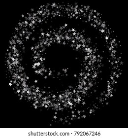 sparkling silver stars background on black, golden christmas lights confetti falling. magic shining Flying stars on night sky glitter cosmic backdrop, sparkle vector border. 