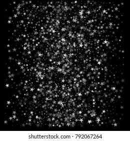 sparkling silver stars background on black, golden christmas lights confetti falling frame. magic shining Flying stars on night sky glitter cosmic backdrop, sparkle vector border. 