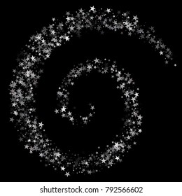 sparkling silver stars background on black, golden christmas lights confetti falling. magic shining Flying stars on night sky glitter cosmic backdrop, sparkle vector border. 