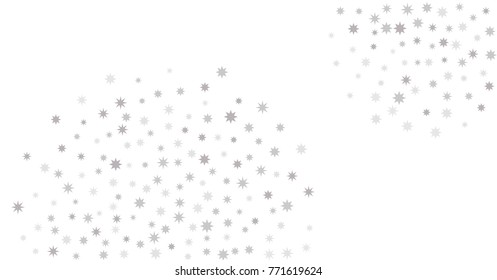 sparkling silver stars corner background, christmas light grey confetti falling. magic shining Flying stars on night sky glitter cosmic backdrop, sparkle vector border. 