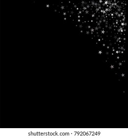 sparkling silver stars corner background on black, golden christmas lights confetti falling. magic shining Flying stars on night sky glitter cosmic backdrop, sparkle vector border. 