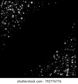 sparkling silver stars corner background on black, golden christmas lights confetti falling. magic shining Flying stars on night sky glitter cosmic backdrop, sparkle vector border. 